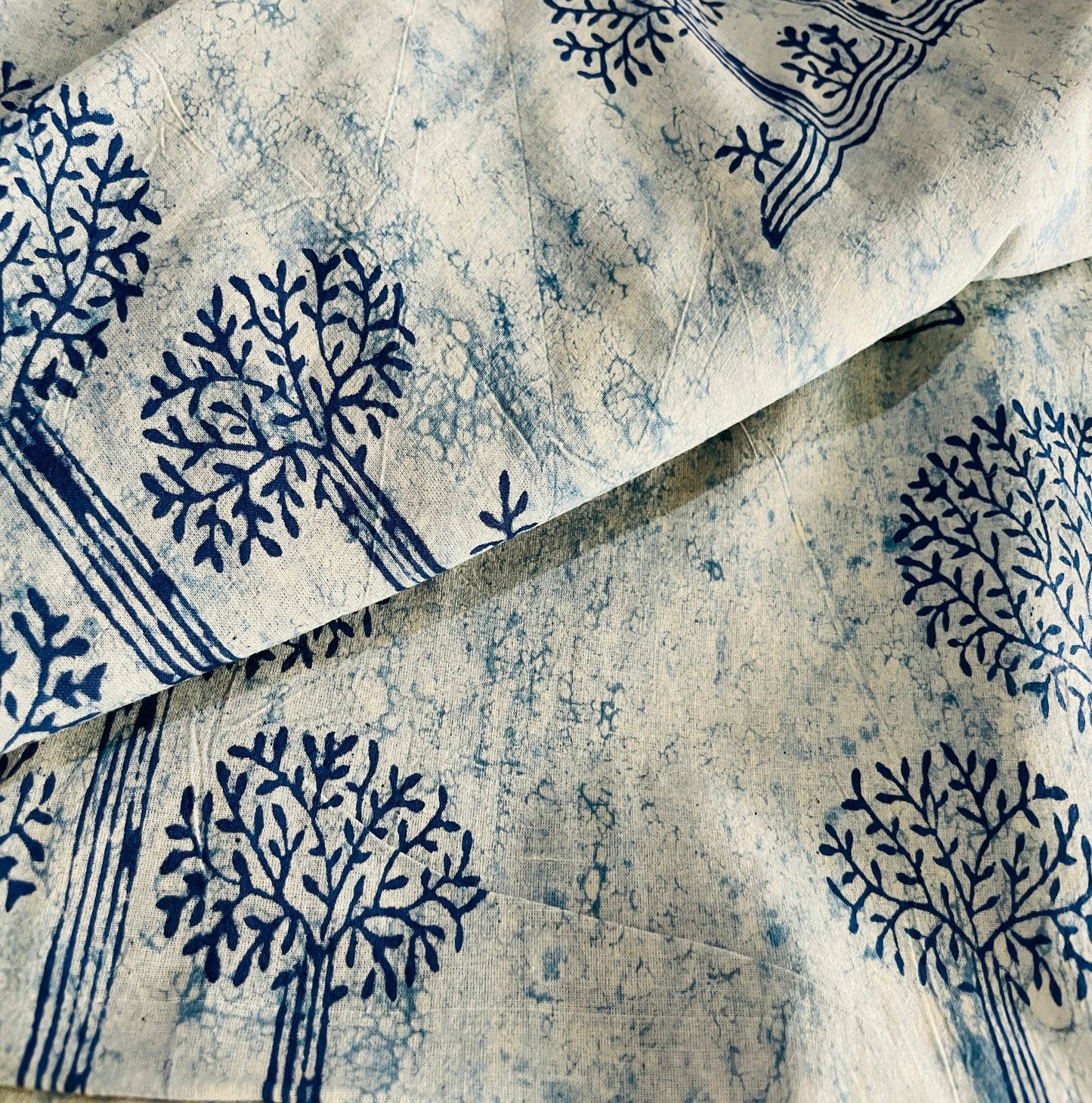 Pure Cotton Cambric Block Print Fabrics, Indigo Tree Garden Print