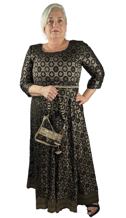 Pure Silk Long Black Brown Dress, Partywear Floor Length Dress with Net Dupatta