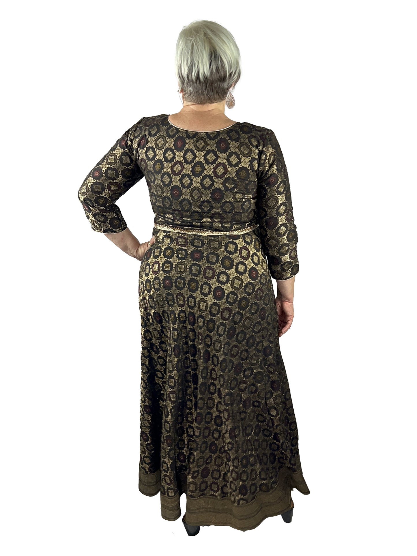 Pure Silk Long Black Brown Dress, Partywear Floor Length Dress with Net Dupatta