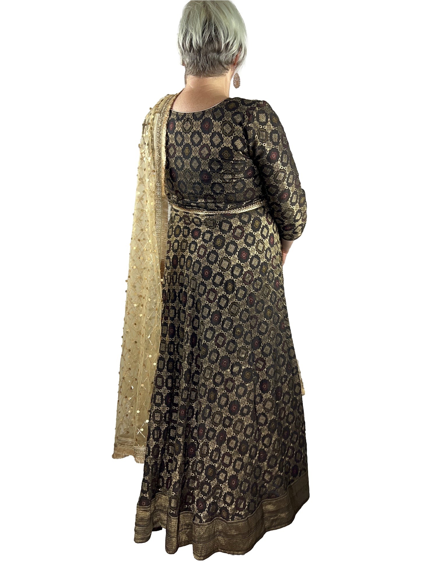 Pure Silk Long Black Brown Dress, Partywear Floor Length Dress with Net Dupatta