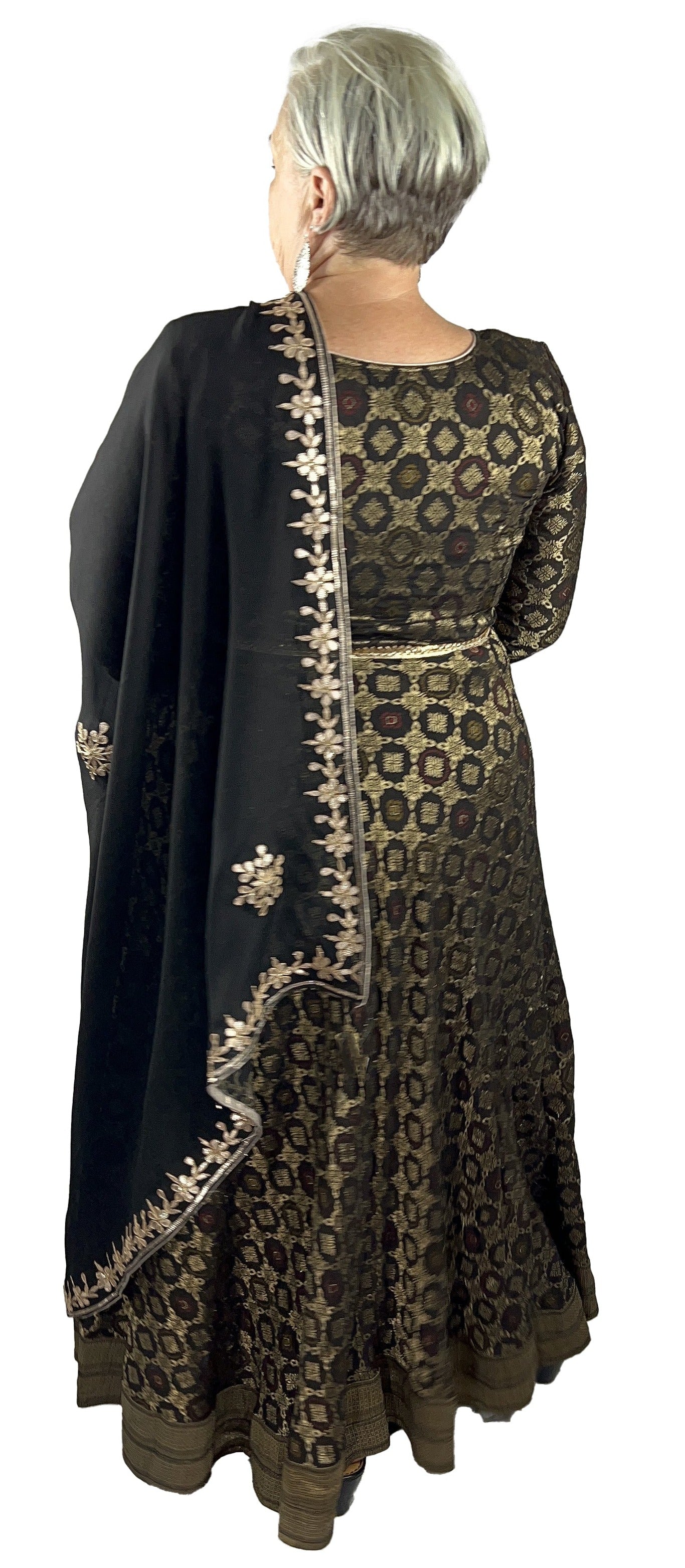 Pure Silk Long Black Brown Dress, Partywear Floor Length Dress with Net Dupatta