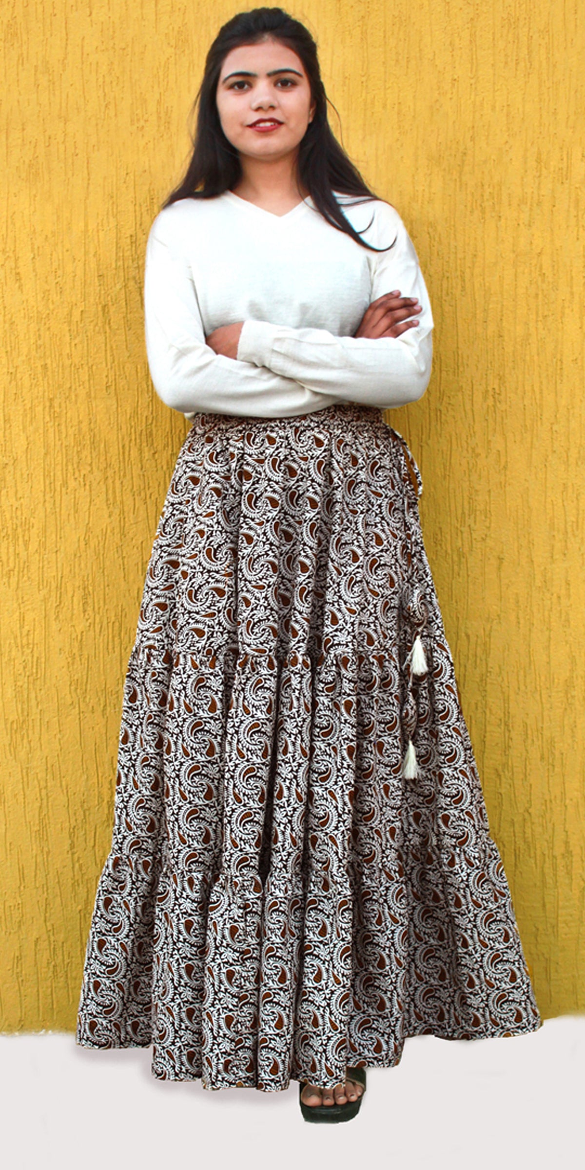 Brown & White Paisley Print Boho Cotton Skirt