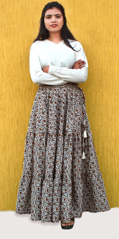 Brown & White Paisley Print Boho Cotton Skirt