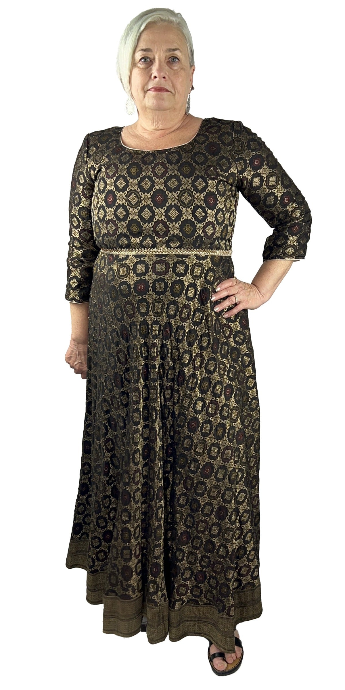 Pure Silk Long Black Brown Dress, Partywear Floor Length Dress with Net Dupatta