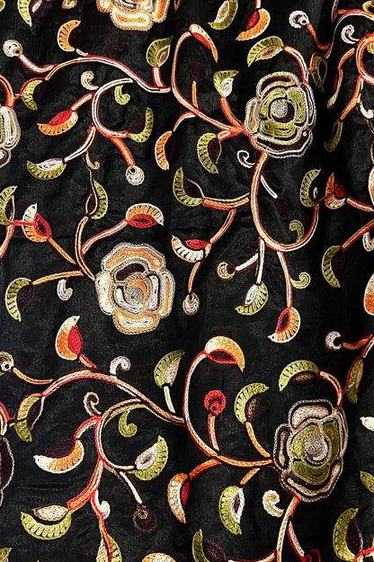 Kashmiri Embroidery Black color multi thread-work dupatta in Pure Chinon
