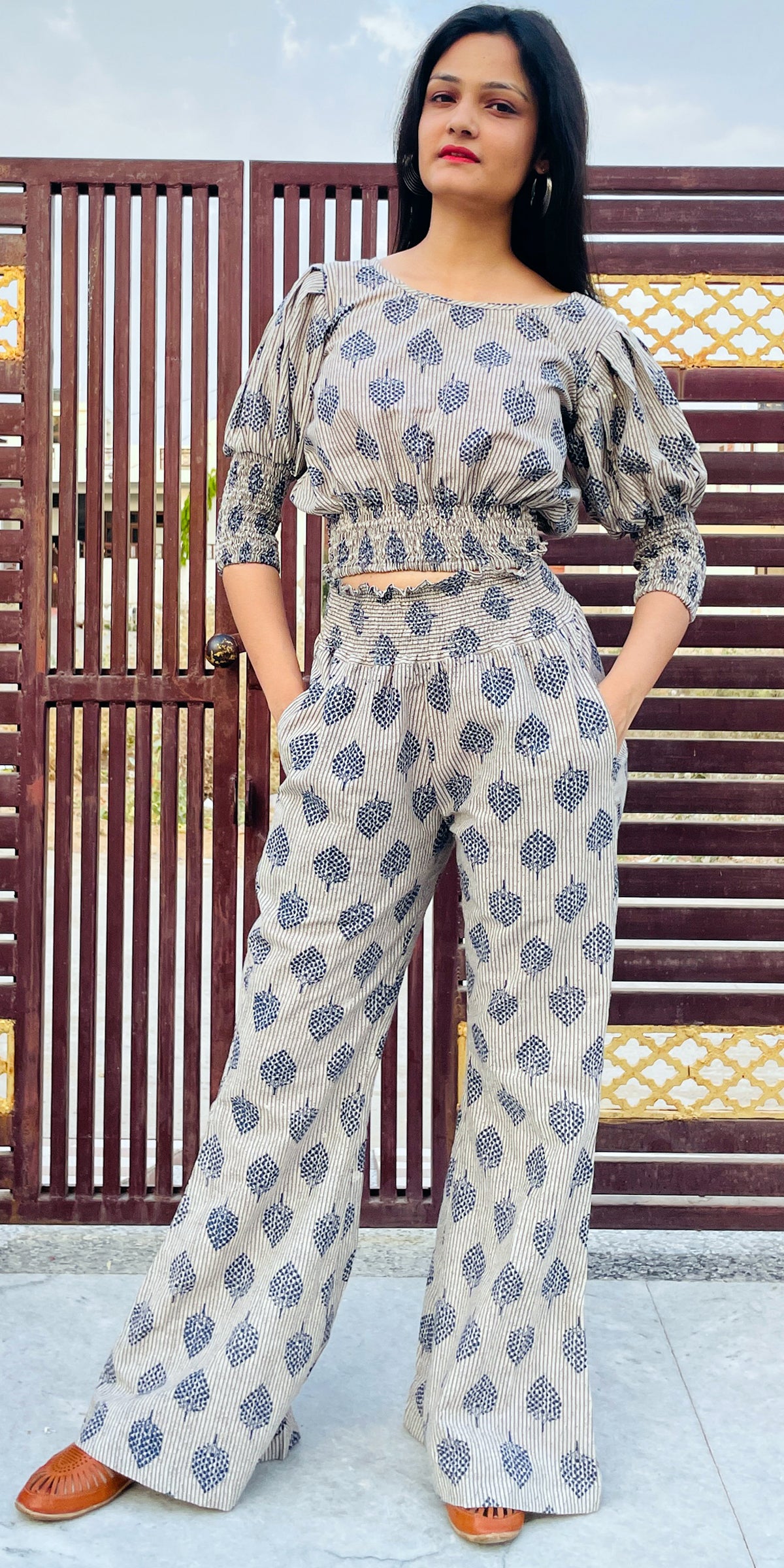 Crop Top Bell Bottom Set, Summer Cotton Block Printed Grey Navy CO-ORD Set