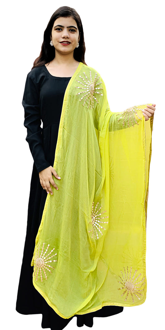 Yellow Chinon Dupatta with Gota patti Handwork flowers Pattern Hand Embroidery Rajasthani Stole Wrap ACD21767