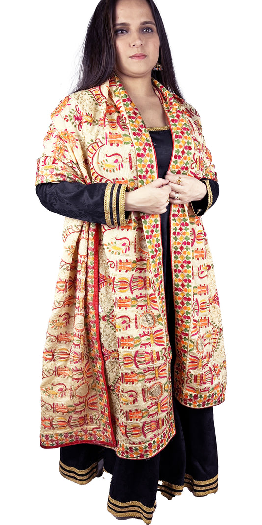 Kashmiri Embroidery Biege Multicolor Threadwork Duppata in Silk