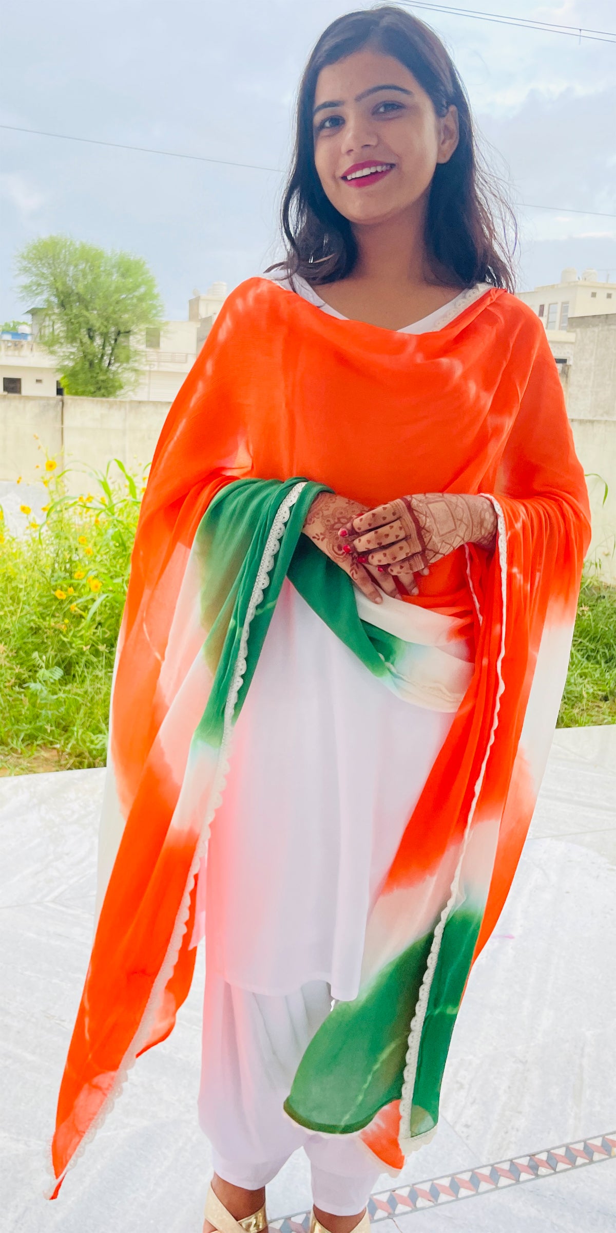 White  Muslin Patiala Salwar Kameez with Tri color Dupatta (Hand Tie-Dye)