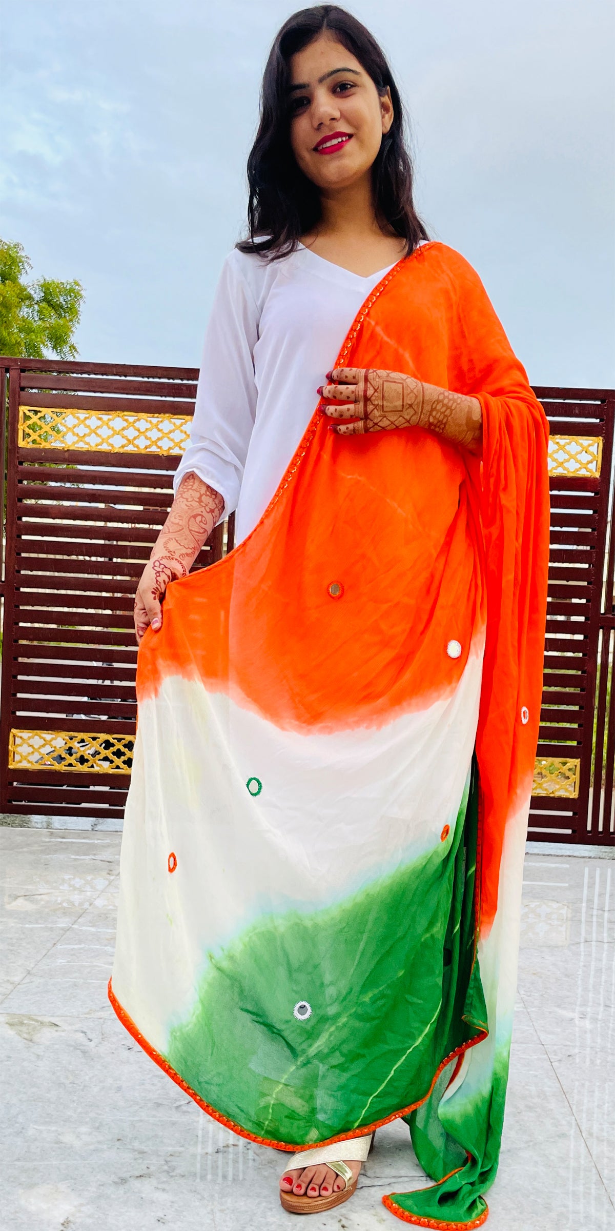 Tricolor Dupatta, Pure Chinon, Hand Tie -Dye, Mirror Work Embroidery