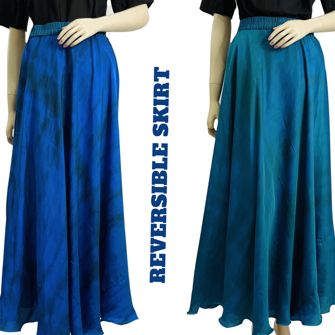 Reversible Skirt, Tie dye , Handmade, Blue Viscose Silk, Ankle Length, Casual Skirts, Stylish Boho Fashion, Chic/Gift For Her Free shipping
