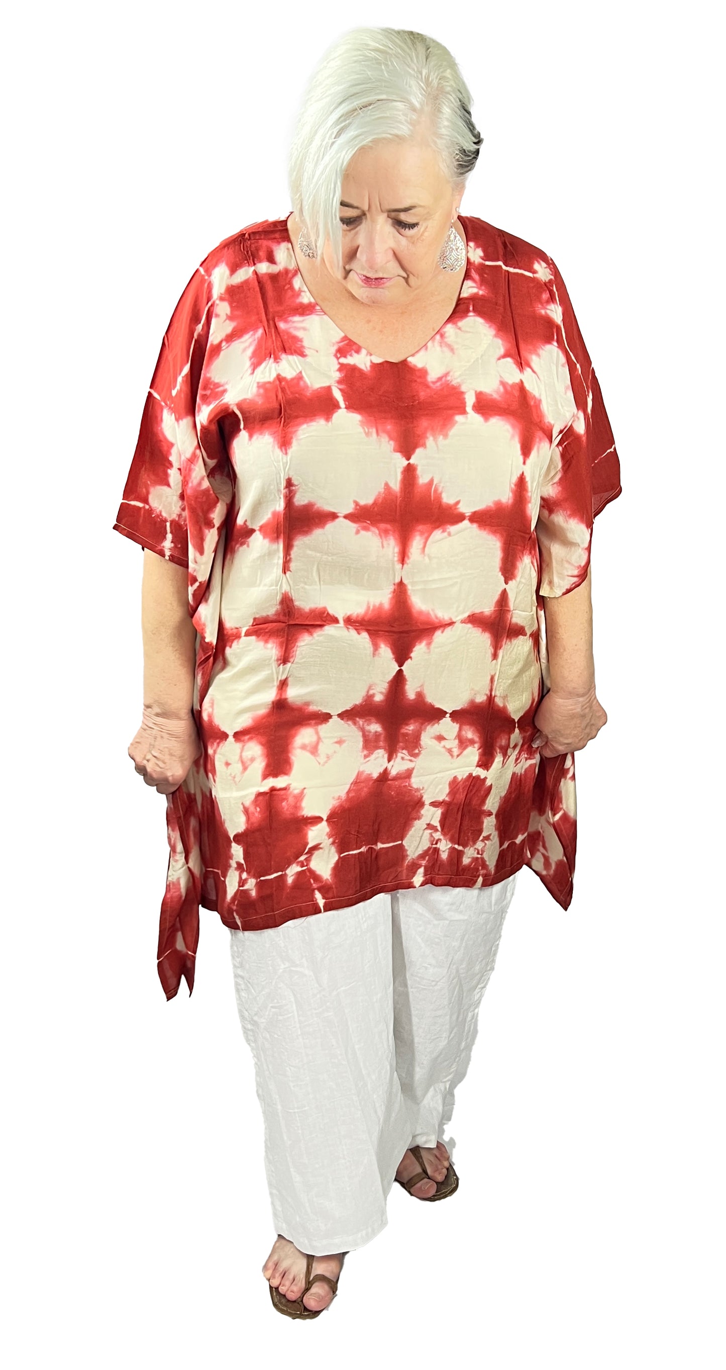 Hand Tie dye Pure Muslin Kaftan, Red and White Knee length Kaftan