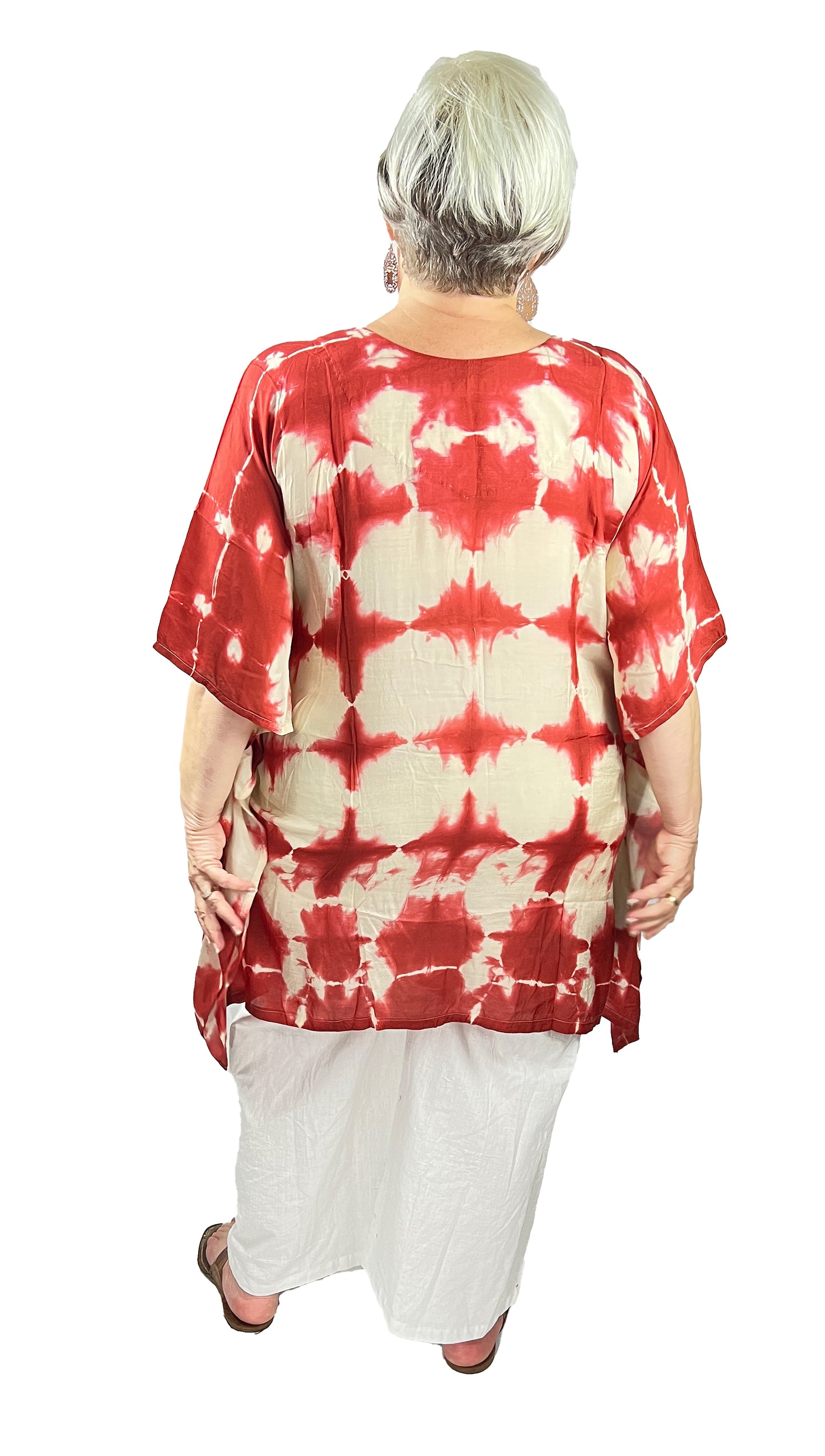 Hand Tie dye Pure Muslin Kaftan, Red and White Knee length Kaftan