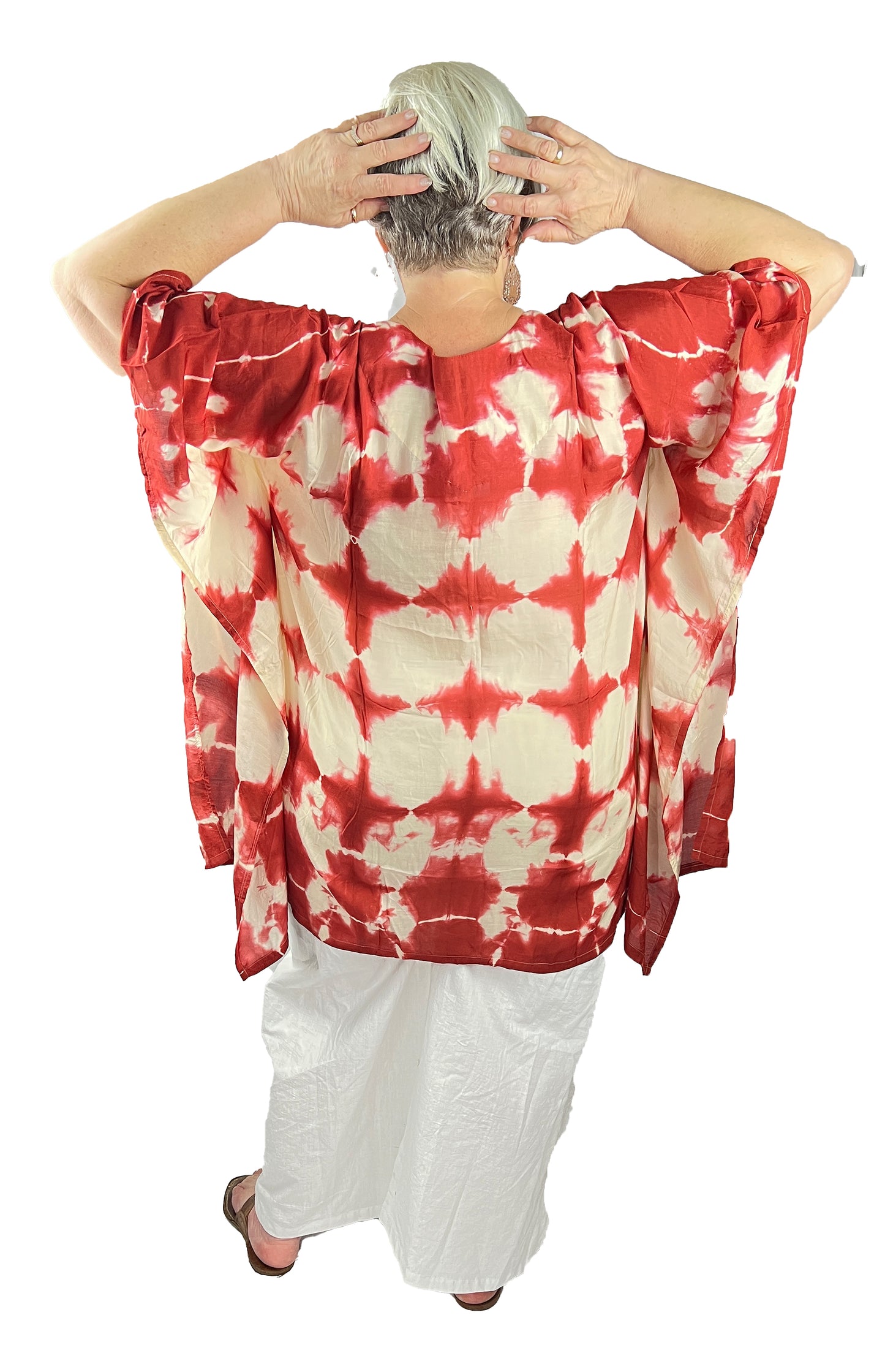 Hand Tie dye Pure Muslin Kaftan, Red and White Knee length Kaftan