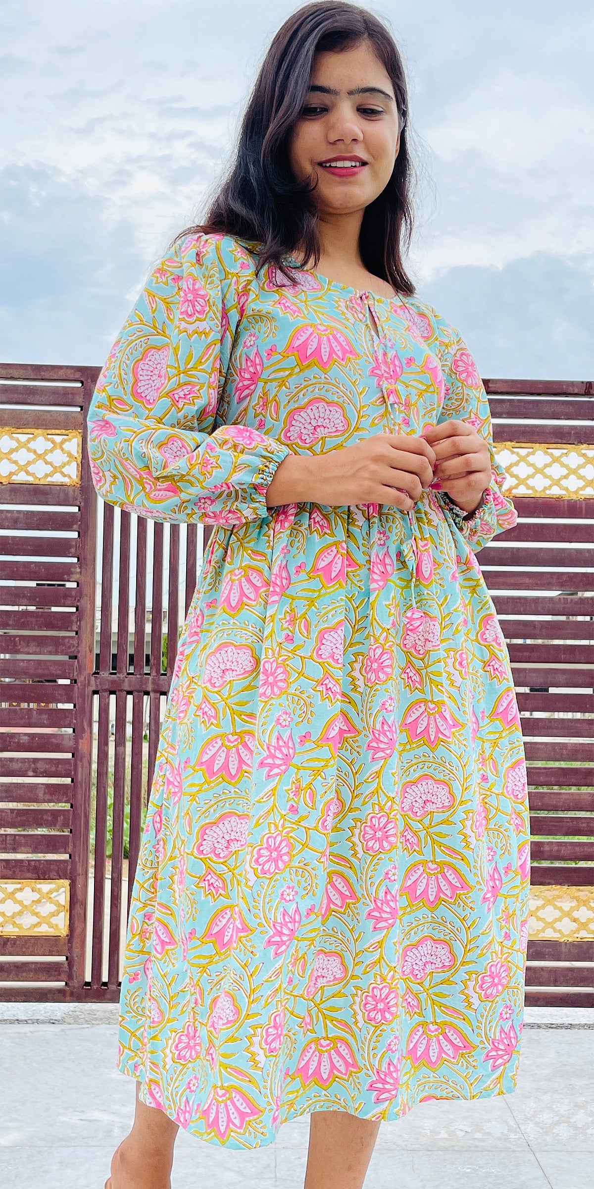 Floral Print Dress, Pink and Sea Green Dress, Full Sleeves, Pure Cotton