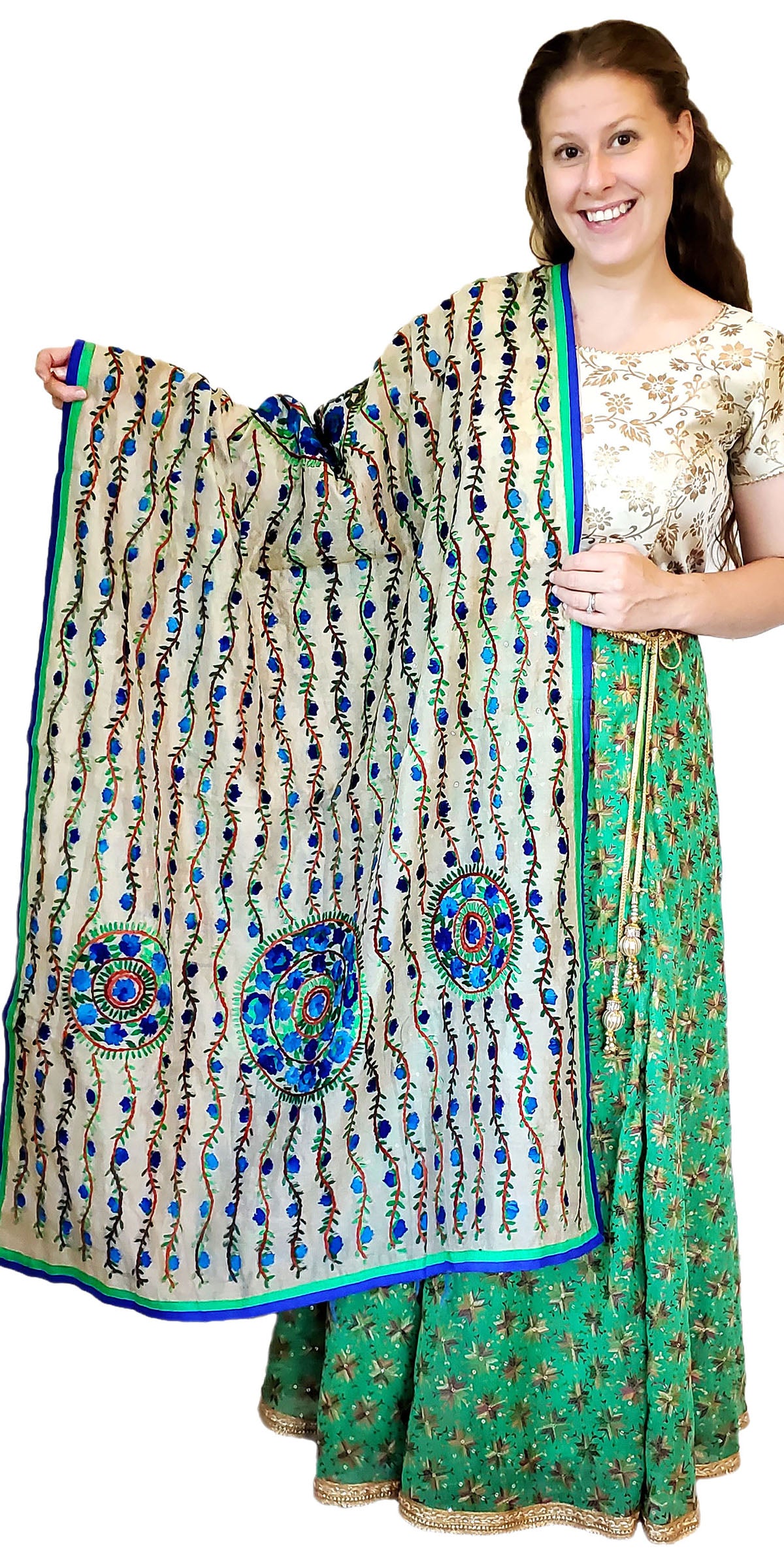 Blue and Green Color Hand Embroidery Shawl/Evening Wrap/Dupatta GPS18642
