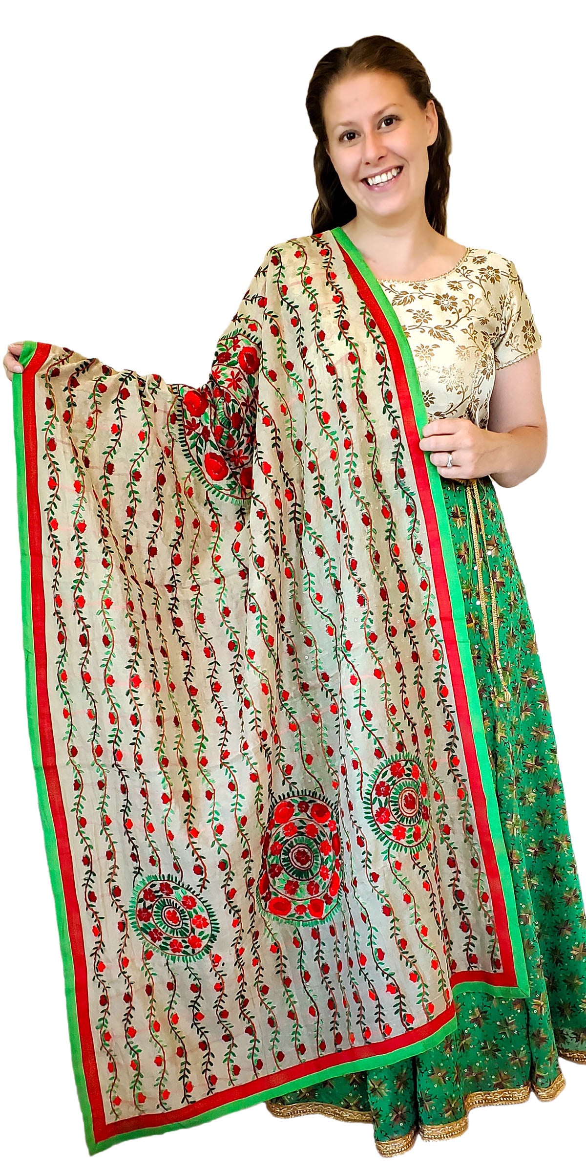 Red and Green Color Hand Embroidery Shawl/Evening Wrap/Dupatta - GPS18643