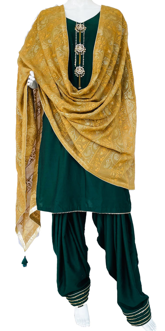 Green Punjabi Patiala Salwar Suit, Muslin Punjabi Suit with Mustard Yellow Dupatta