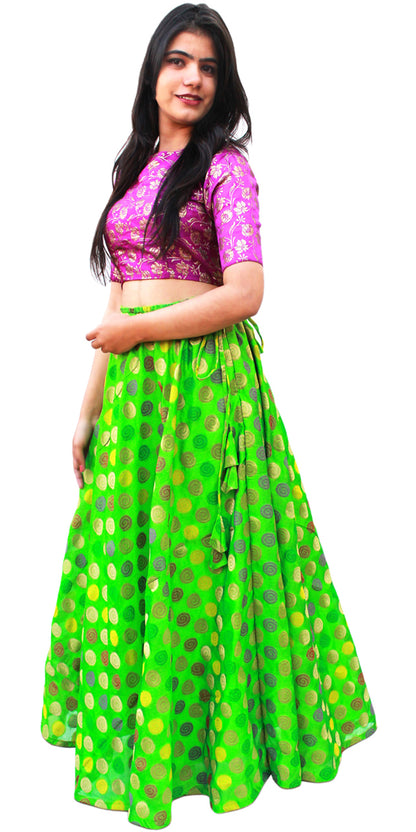 Green Boho Silk Skirt, Light Green Boho flared Skirt, Bright Green Embroidered Skirt, Multicolor Polka dots skirt, Spiral Design skirt, Dance skirt, Fancy skirt with drawstring, Silk Skirt, Lehenga, Ghaghra, Jupe, Indian Long Skirt