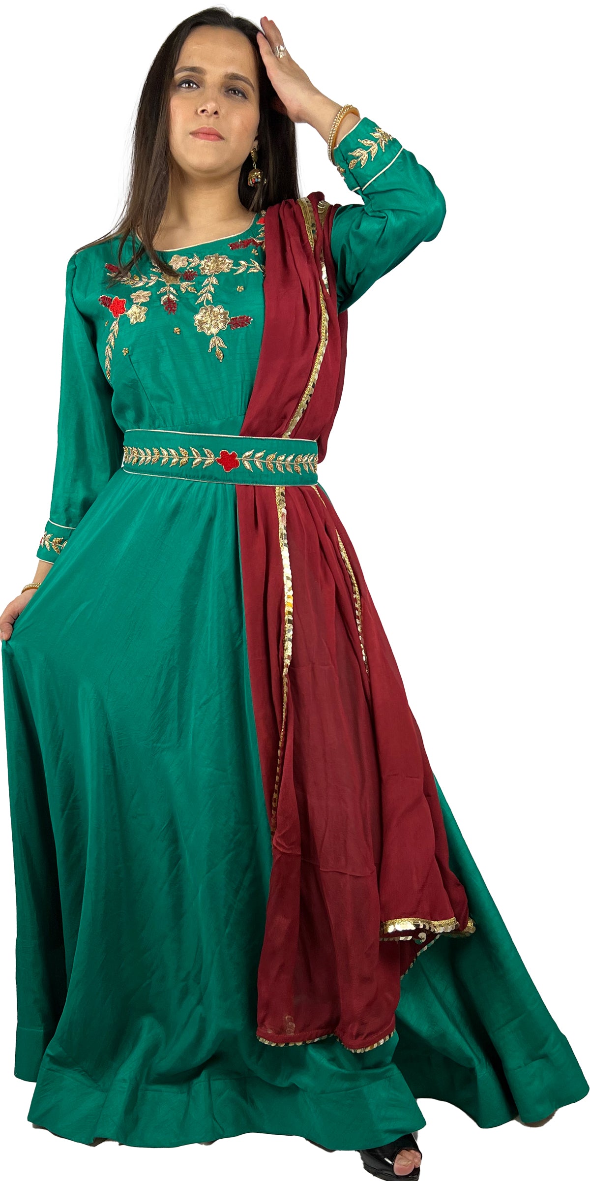 Green color hand embroidered long dress with belt and Maroon dupatta