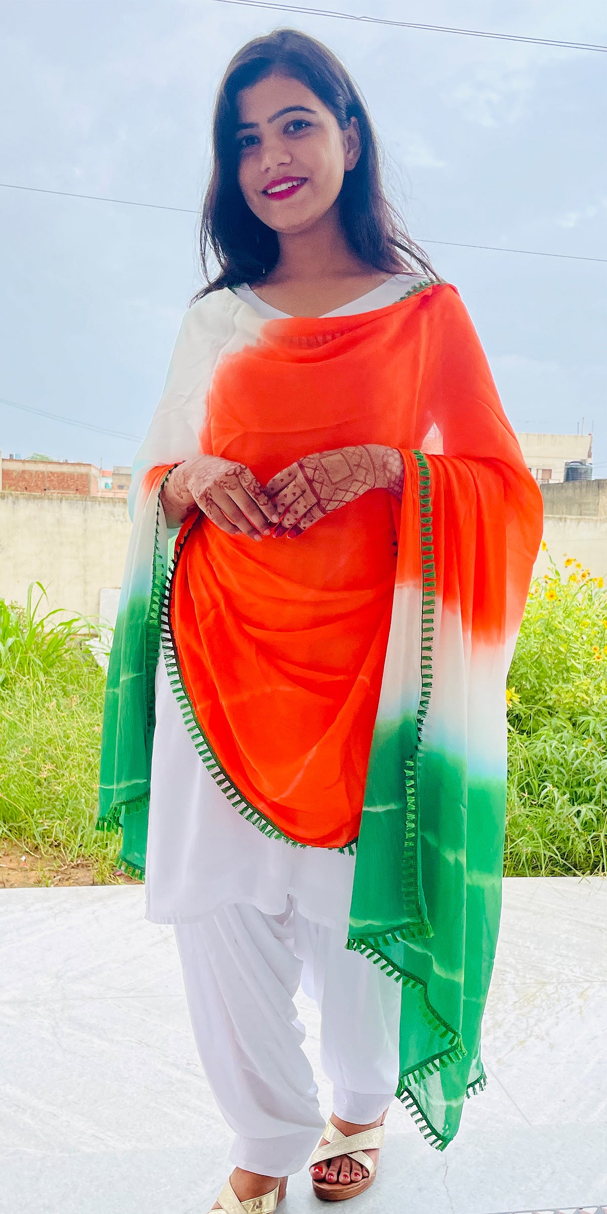 Tricolor Dupatta, Pure Chinon, Hand Tie -Dye, with Green Tassel Border