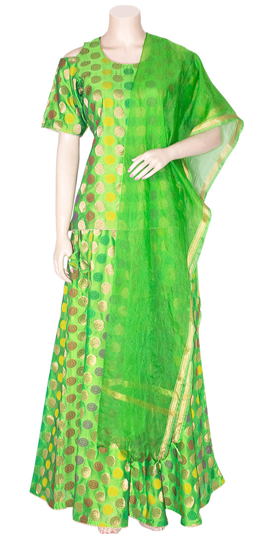 Green Banarasi Lehenga & Short Half-Sleeve Kurti Set