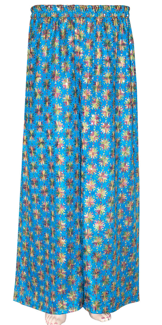 Blue Boho Phulkari Embroidered Wide Leg Palazzo Pants with Pocket