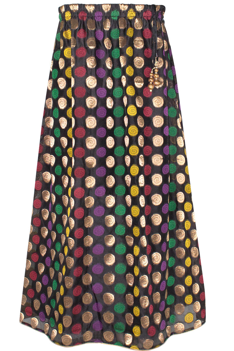 Boho Silk Skirt, Boho Straight Skirt, Black Embroidered Skirt, Multicolor Polka dots skirt, Spiral Design skirt, Dance skirt, Fancy skirt with drawstring, Silk Skirt