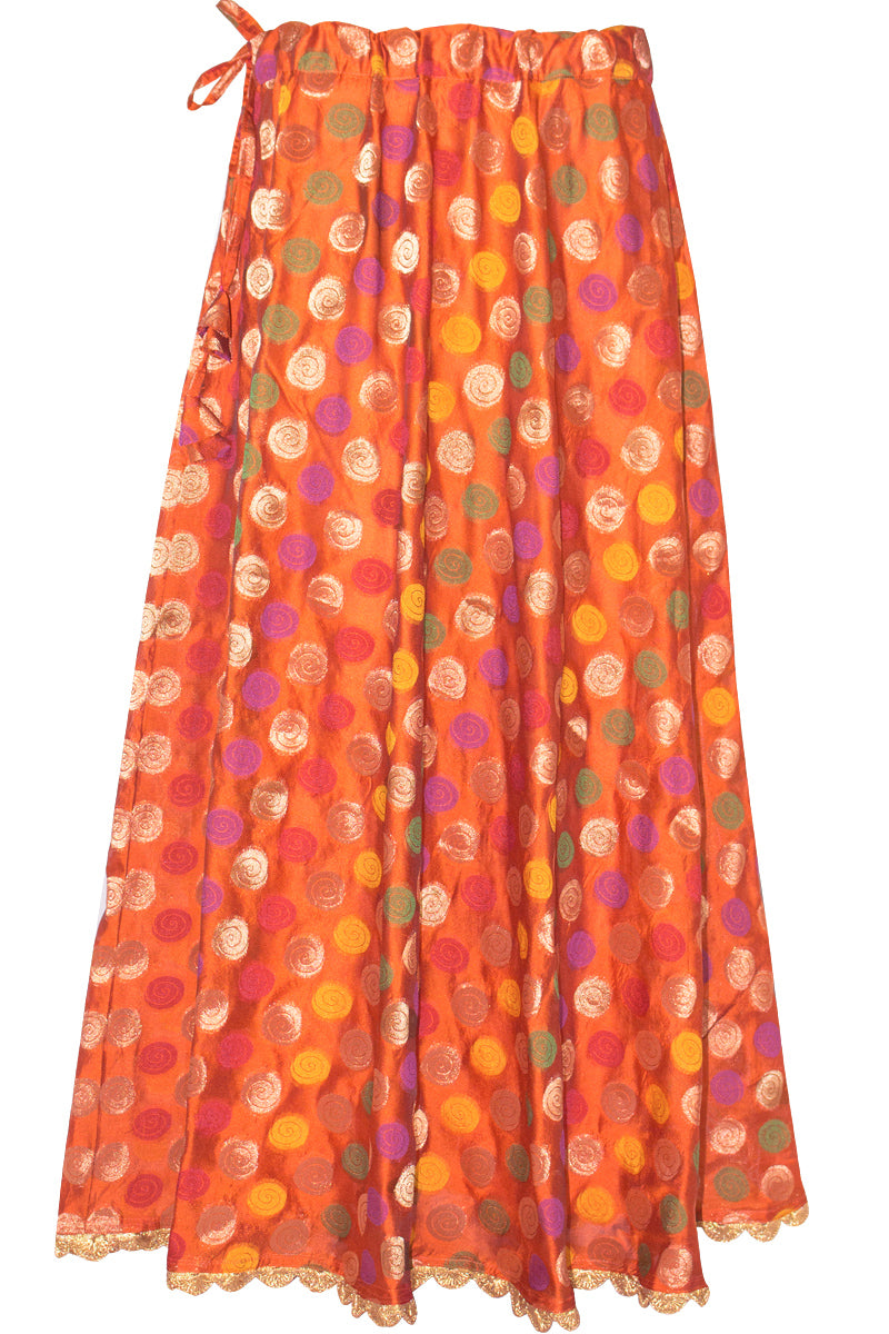 Orange Boho Silk Skirt, Boho flared Skirt, Orange Embroidered Skirt, Multicolor Polka dots skirt, Spiral Design skirt, Dance skirt, Fancy skirt with drawstring, Silk Skirt, Lehenga, Ghaghra, Jupe, Indian Long Skirt