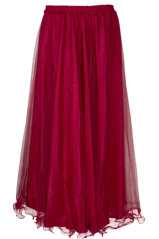 Maroon Viscose Silk & Net Maxi Skirt