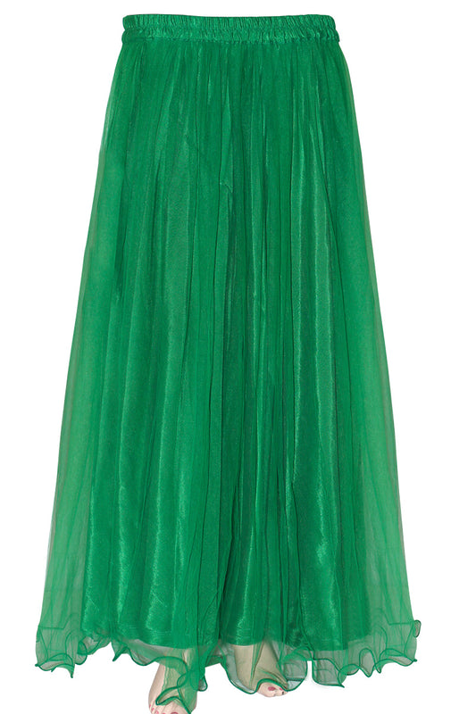 Green Viscose Silk & Net Maxi Skirt