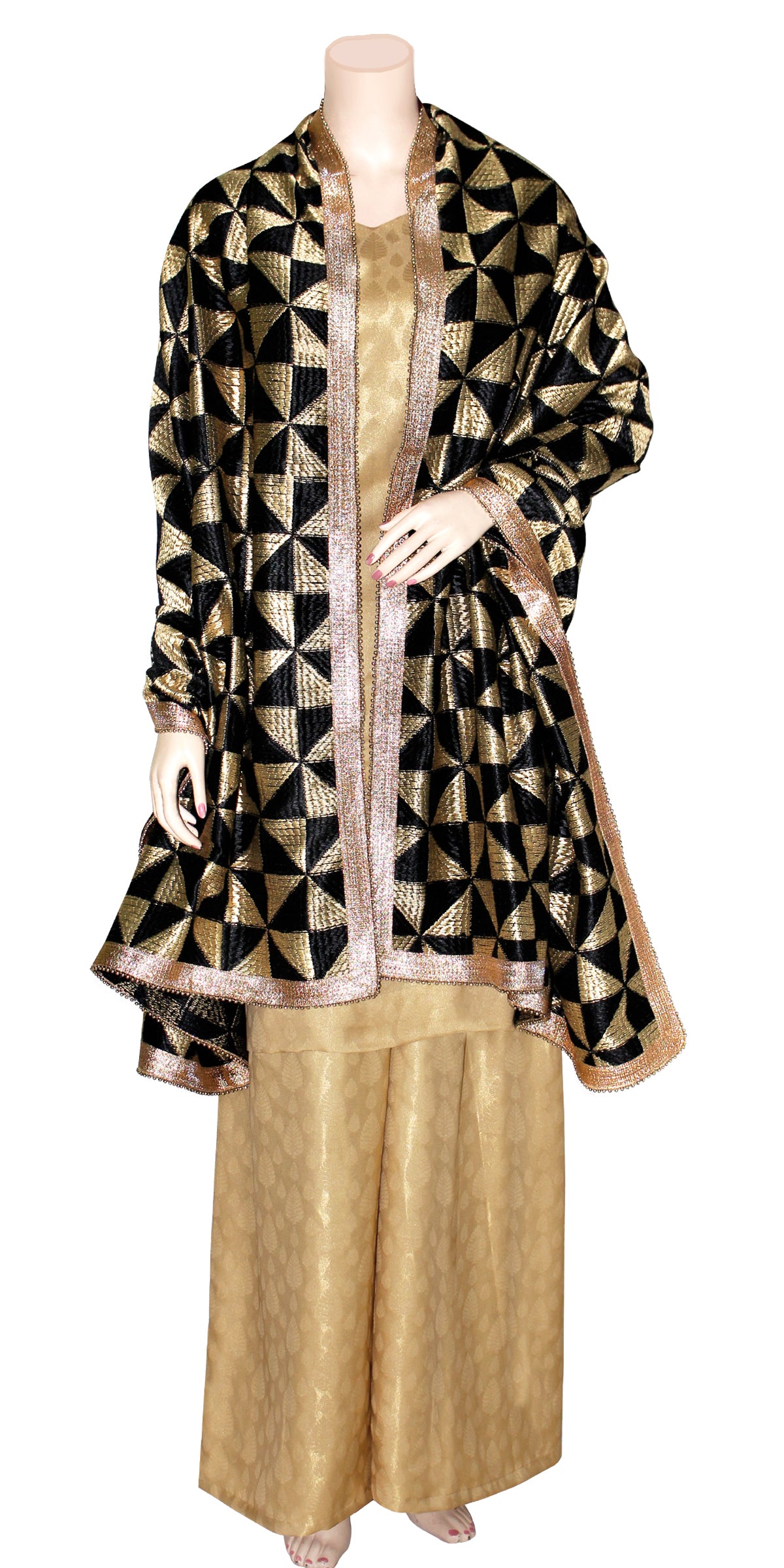 Golden & Black Silky Palazzo Suit with Phulkari Dupatta