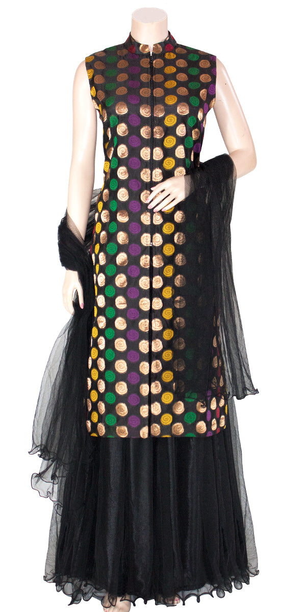 Black Banarasi Long Kurti Lehenga Set