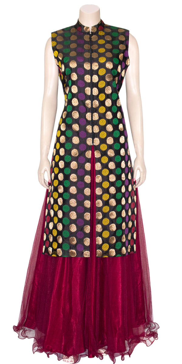 Black & Maroon Banarasi Long Kurti Lehenga Set