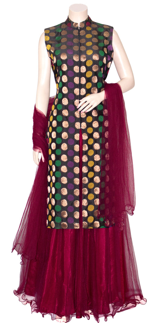 Black & Maroon Banarasi Long Kurti Lehenga Set