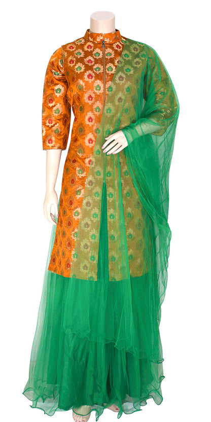Orange & Green Banarasi Jacket Style Long Kurti & Lehenga Set