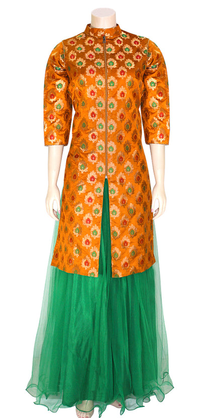 Orange & Green Banarasi Jacket Style Long Kurti & Lehenga Set