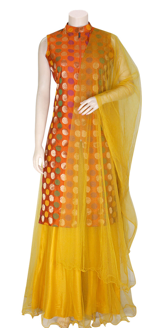 Orange & Yellow Banarasi Long Kurti Lehenga Set