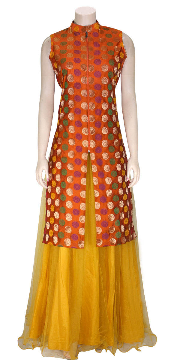 Orange & Yellow Banarasi Long Kurti Lehenga Set
