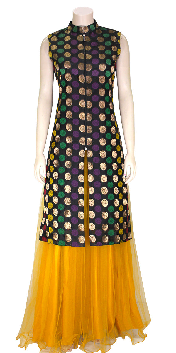 Party Wear Green with Yellow Long Kurti Lehenga with Price