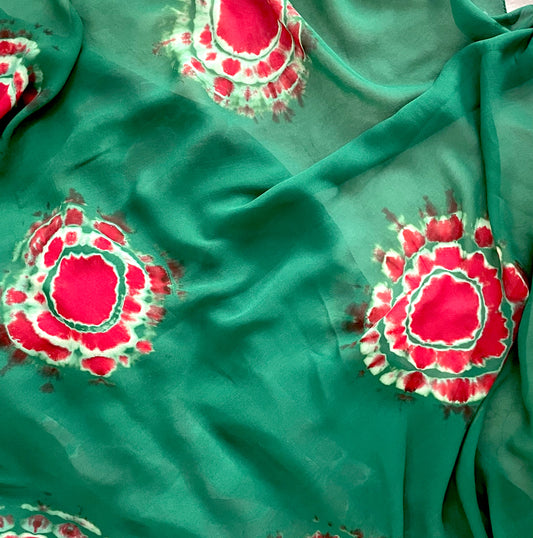 Green and Red Hand Tie Dye on Pure Georgette Fabric,