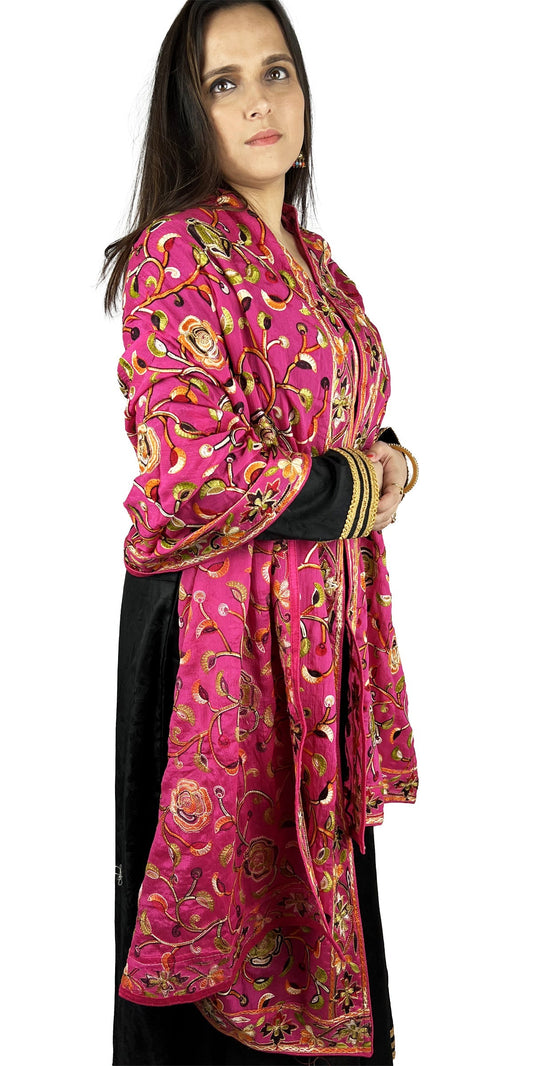 Kashmiri Embroidery Magenta pink color multi thread-work dupatta in Pure Chinon