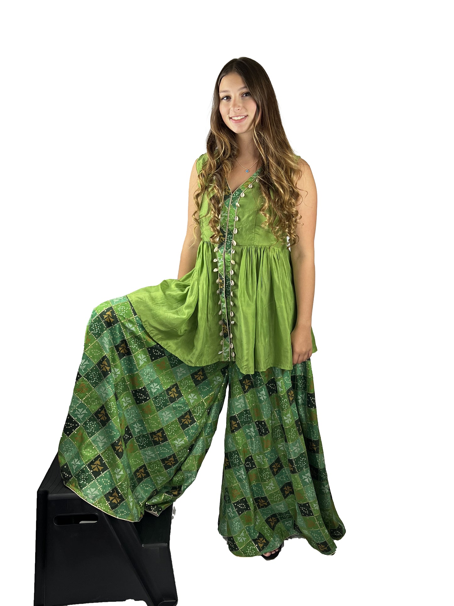 Green Embroidered Silk Sharara with Long Kurti Set