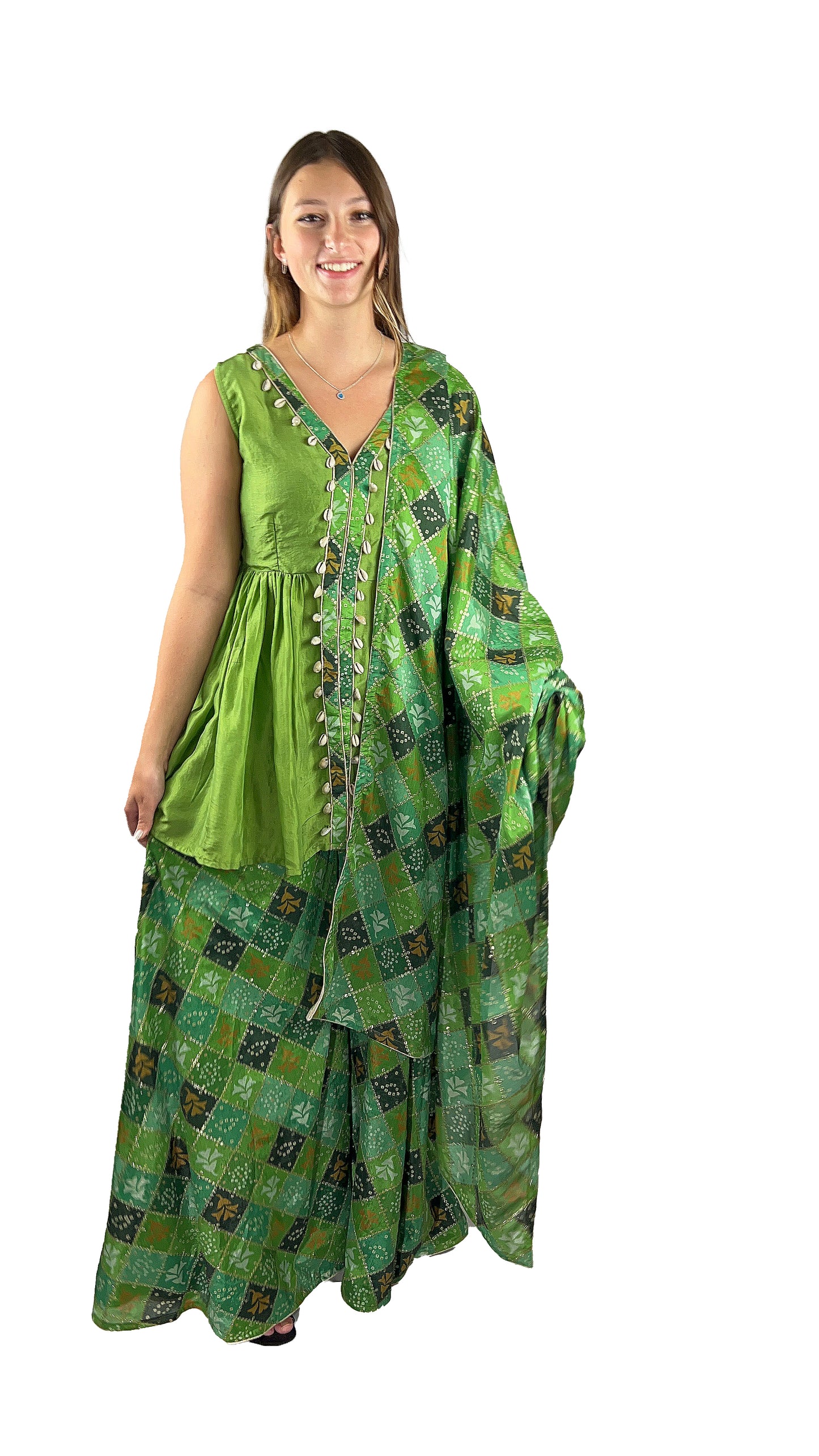 Green Embroidered Silk Sharara with Long Kurti Set