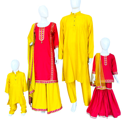 Yellow and Pink Family Matching Outfit Palazzo suit and Kurta Pajama