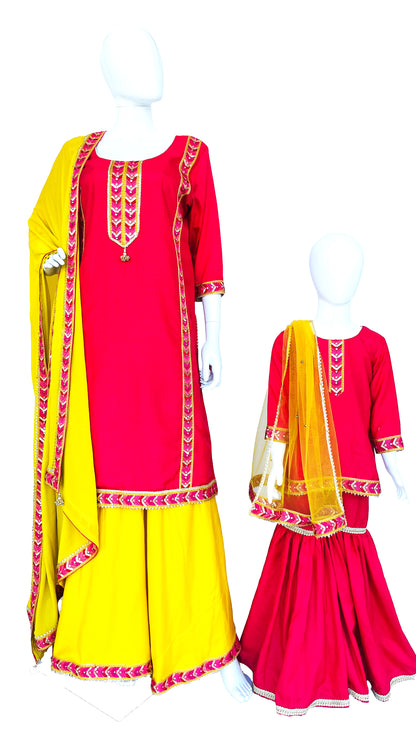 Yellow and Pink Family Matching Outfit Palazzo suit and Kurta Pajama