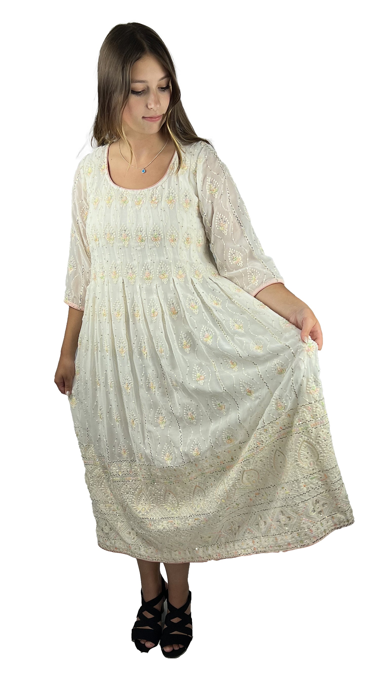 White Pure Georgette Embroidered Dress