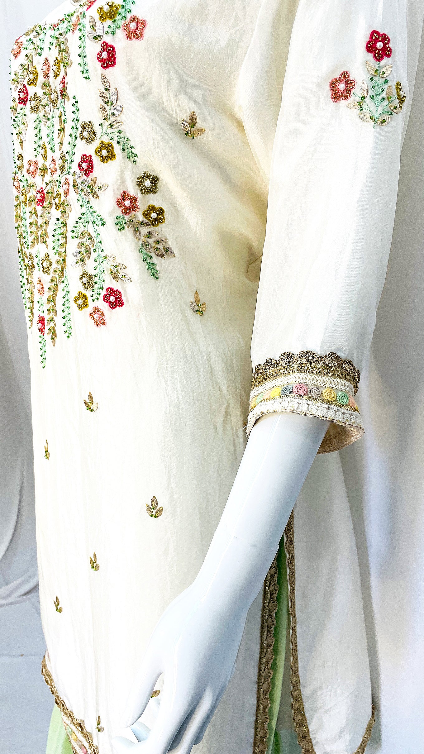 White and Mint Green Pure Upada Silk Gharara Suit with Handwork Embroidery