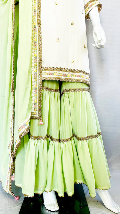 White and Mint Green Pure Upada Silk Gharara Suit with Handwork Embroidery