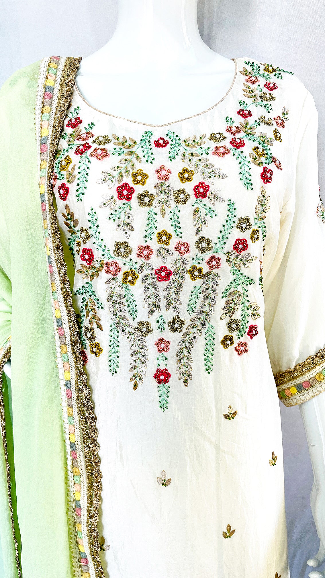 White and Mint Green Pure Upada Silk Gharara Suit with Handwork Embroidery